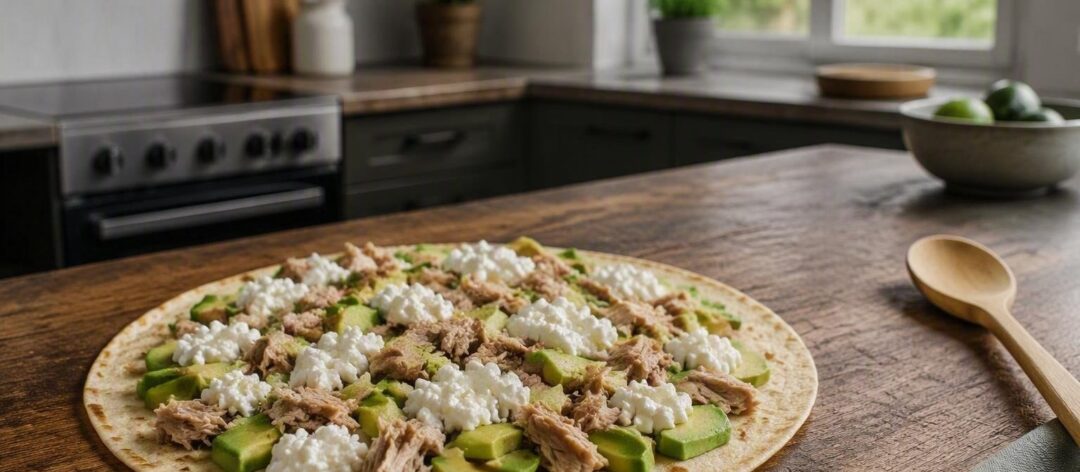 Receta rápida de tortilla abierta con aguacate, atún y queso cottage