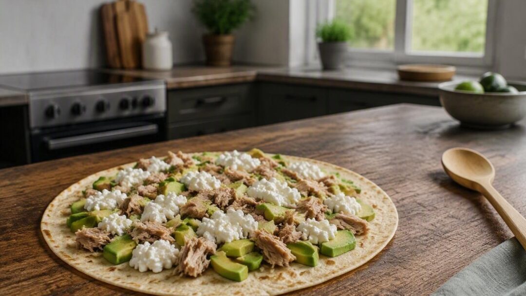 Receta rápida de tortilla abierta con aguacate, atún y queso cottage