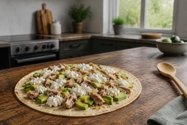 Receta rápida de tortilla abierta con aguacate, atún y queso cottage
