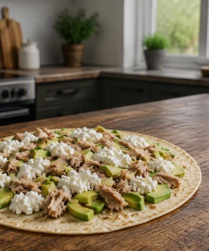 Receta rápida de tortilla abierta con aguacate, atún y queso cottage