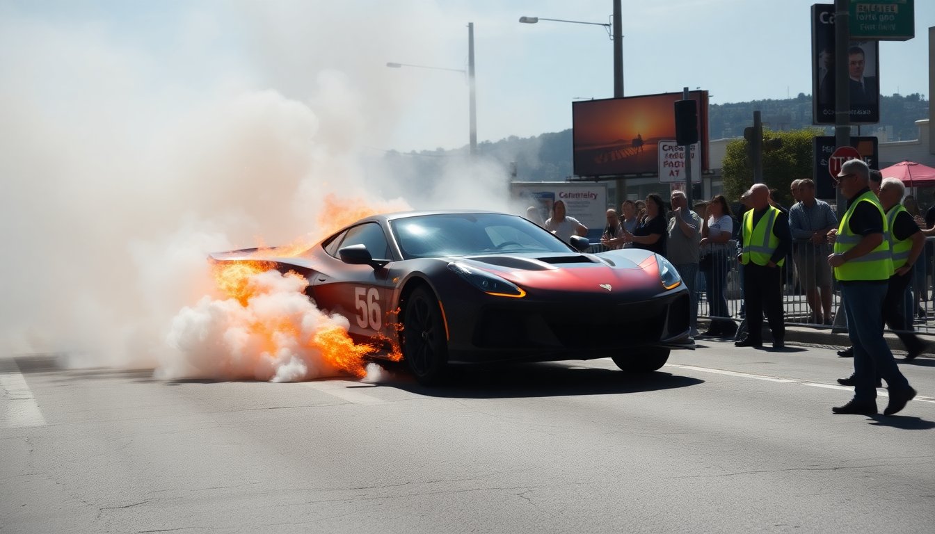 Incendio en el RB7 de Yuki Tsunoda durante un show de Red Bull en San Francisco
