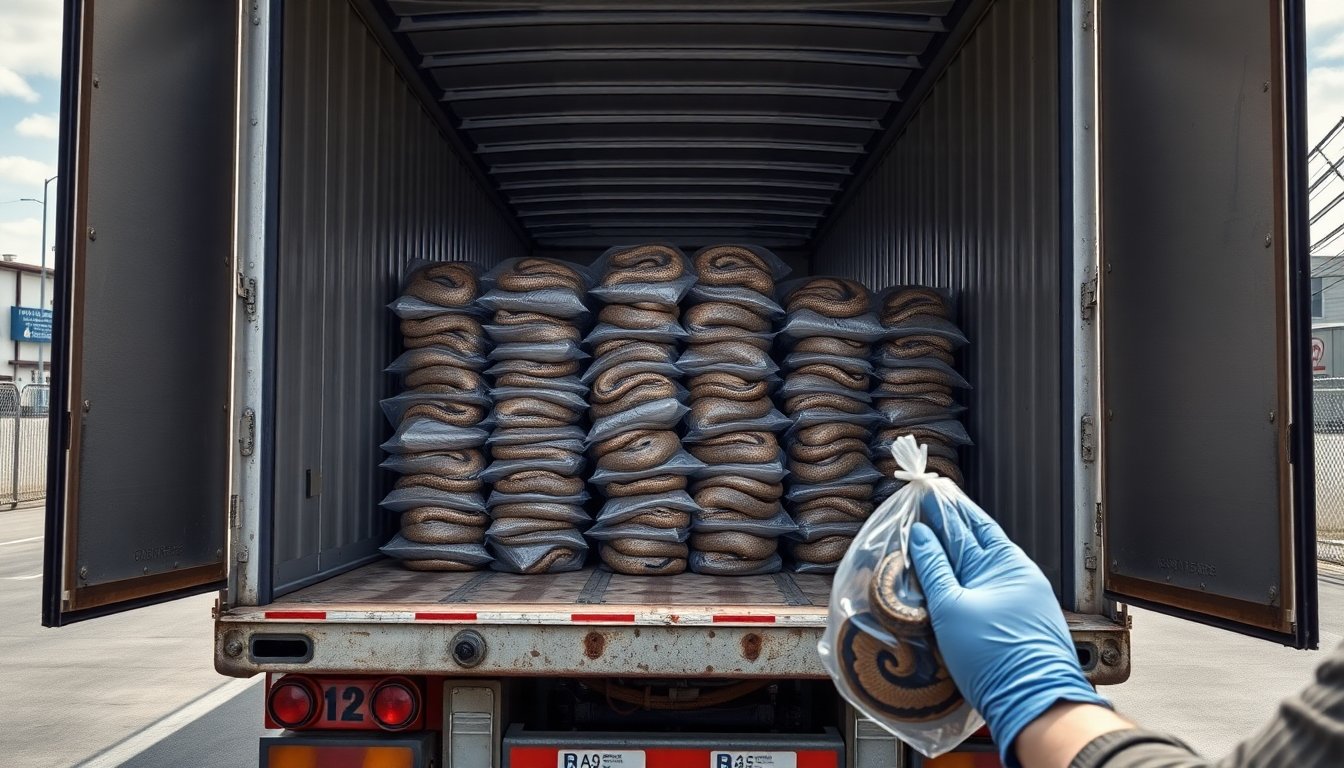 Interceptan 39 pitones ocultos en un tráiler rumbo a México en World Trade Bridge