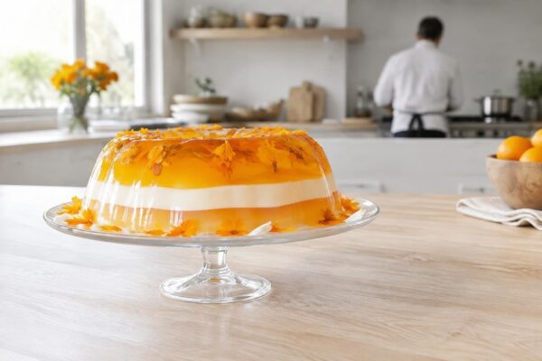 Postre de gelatina tres leches con pétalos de cempasúchil