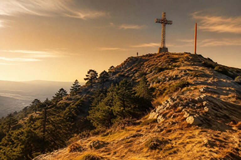 Palo di segnaletica montato sulla cima della croce di Monte Morello