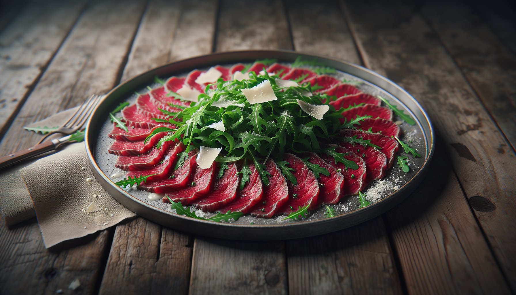 Delizioso carpaccio di manzo con rucola e scaglie di parmigiano