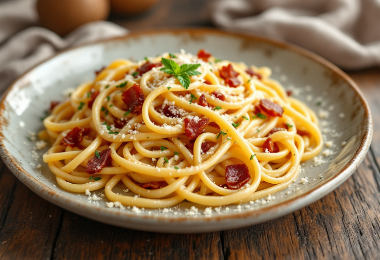 Piatto di carbonara con ingredienti freschi e tradizionali