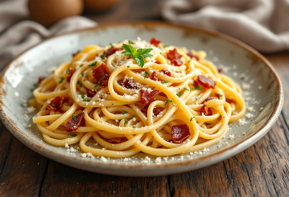 Piatto di carbonara con ingredienti freschi e tradizionali