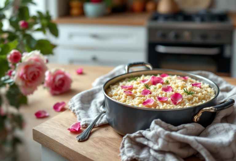 Risotto alle rose servito in un piatto elegante