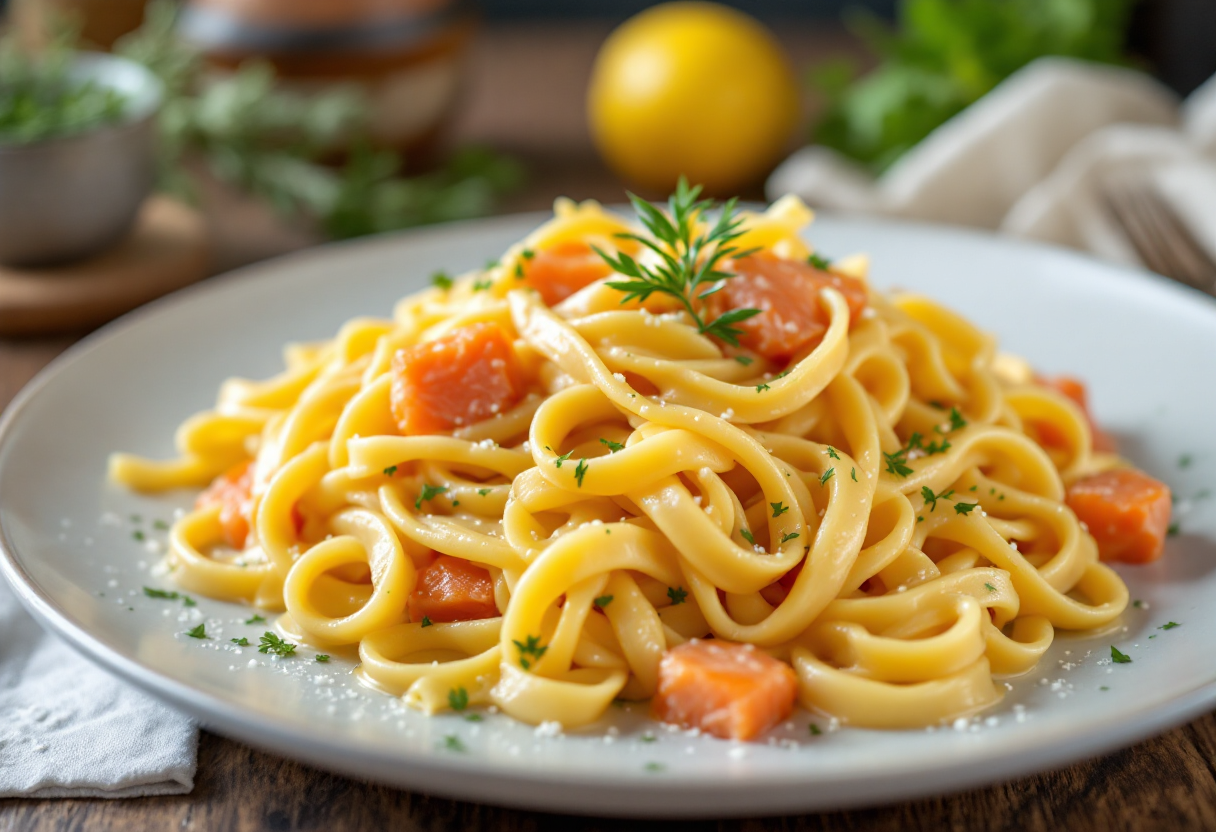 Piatto di carbonara di salmone con ingredienti freschi