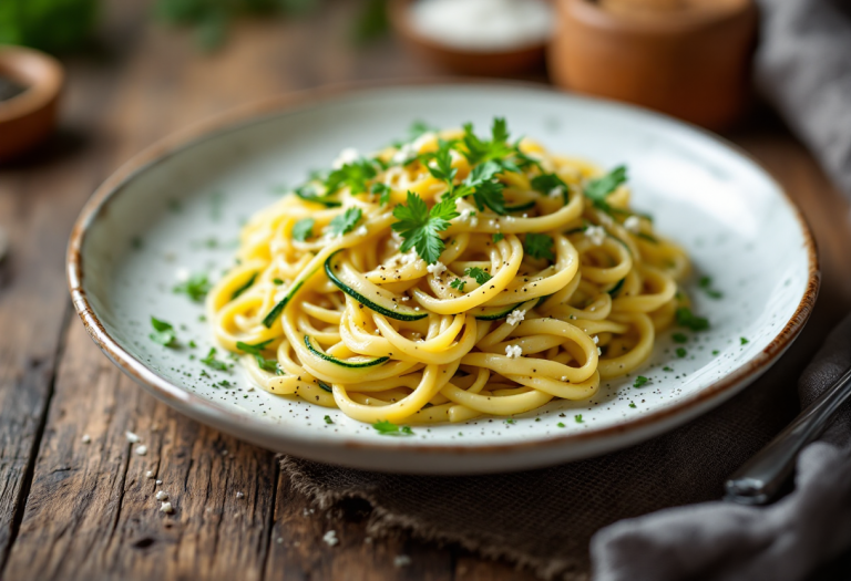 Piatto di carbonara di zucchine con guanciale e pecorino