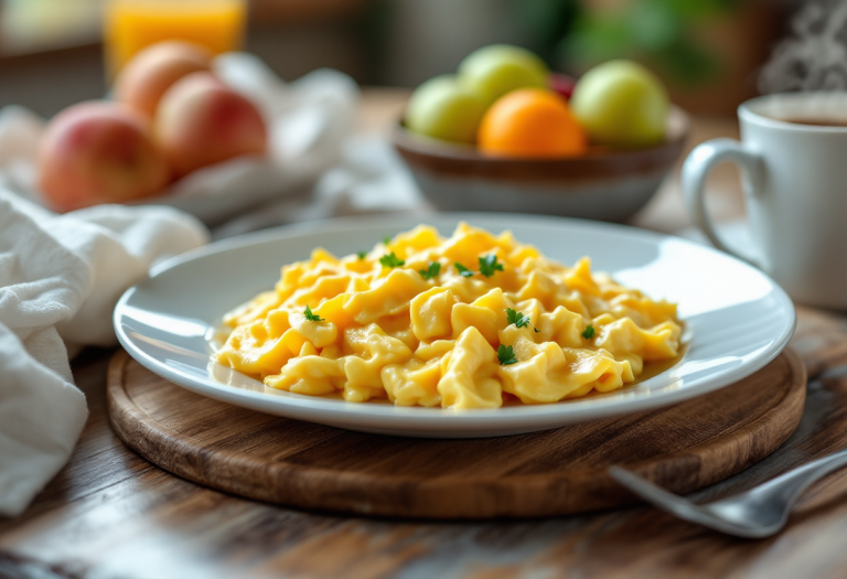 Colazione proteica con uova, yogurt e frutta fresca