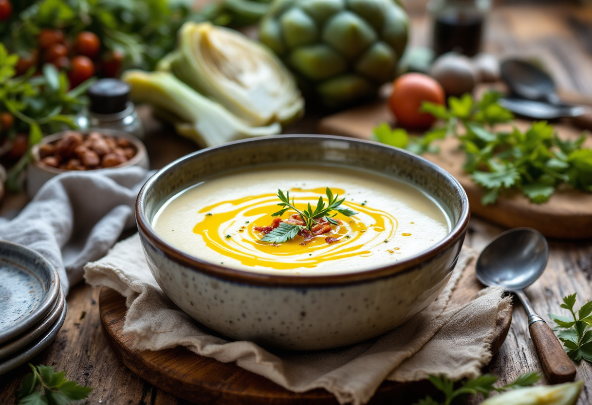Crema di carciofi con pancetta croccante in un piatto