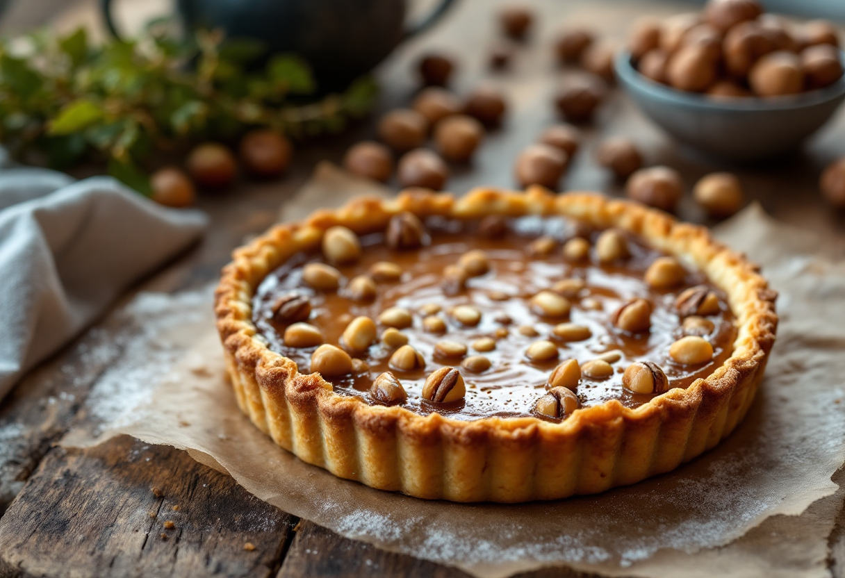 Crostata nocciolata decorata con nocciole e cioccolato