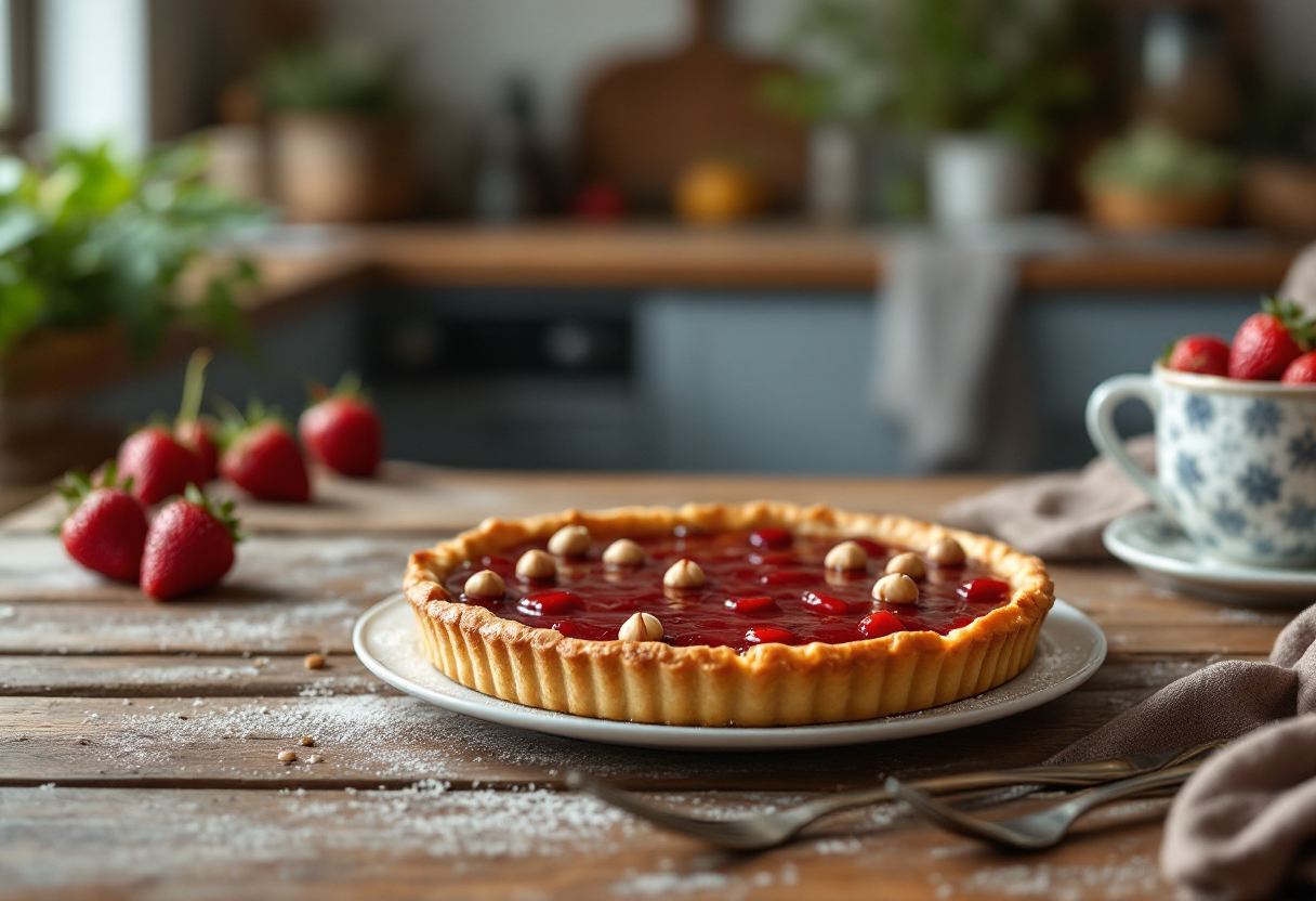 Crostata con nocciole e marmellata di fragole fresca