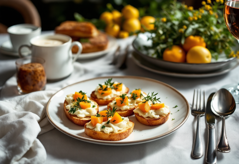 Crostini ai carciofi con mimosa serviti su un piatto elegante