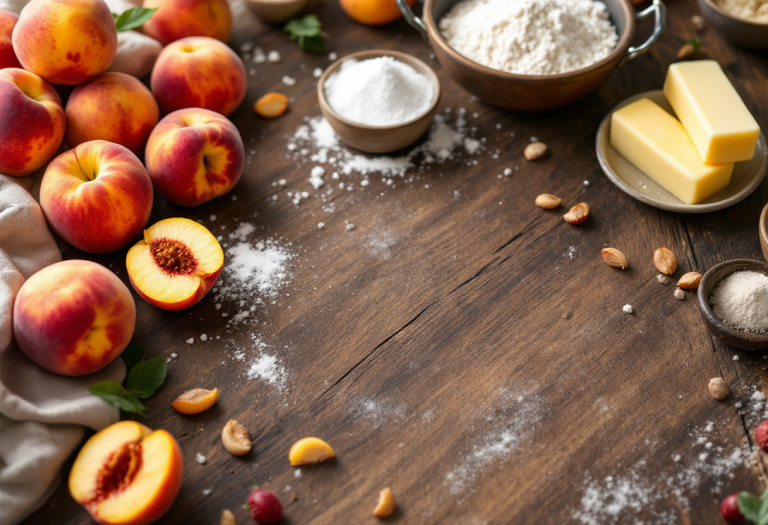 Crumble di pesche appena sfornato con crosta dorata