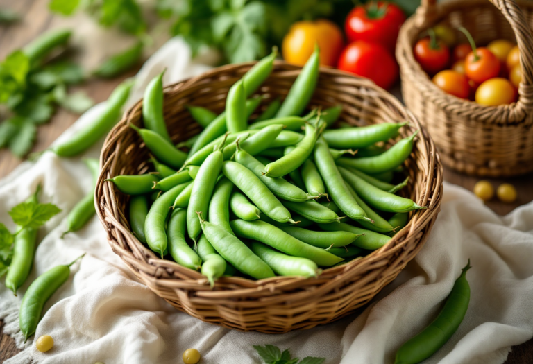 Fave fresche verdi su sfondo naturale primaverile