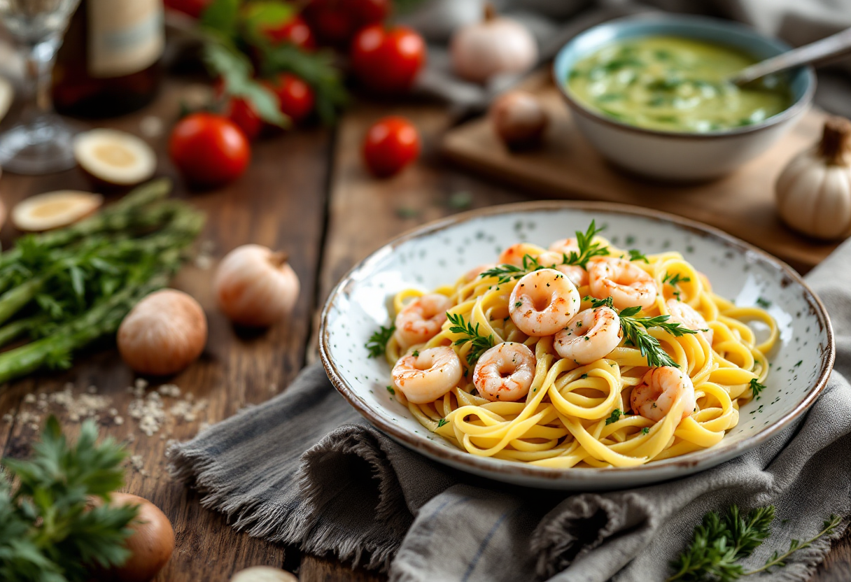 Piatto di fettuccine con scampi e crema di asparagi