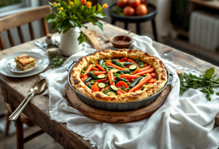 Flan di verdure primaverili servito su un piatto elegante