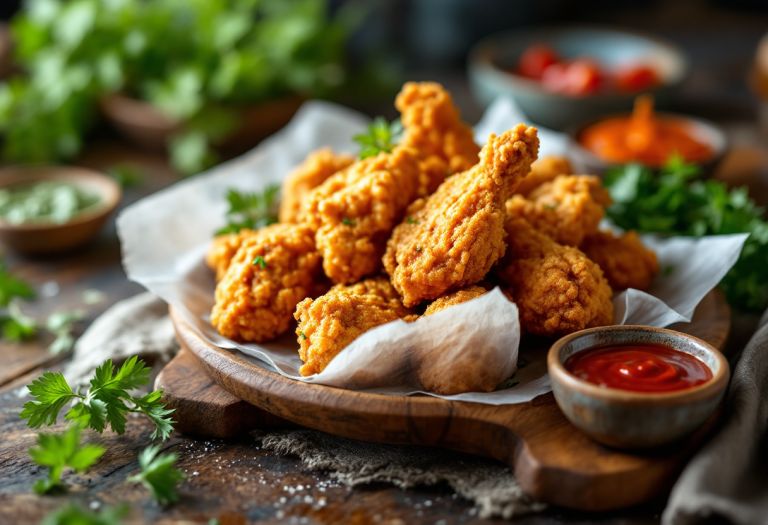 Delizioso fried chicken con diverse salse colorate