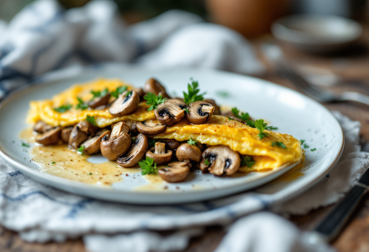 Frittata di funghi fresca e colorata su un piatto