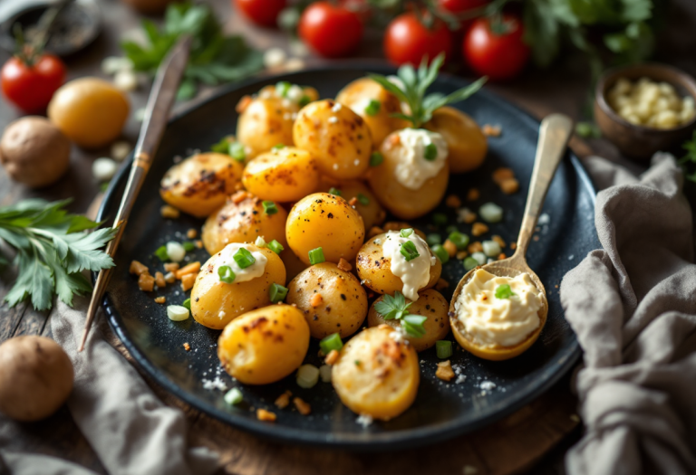 Ghirlanda di patate tiepide con crema di cipollotto e verdure