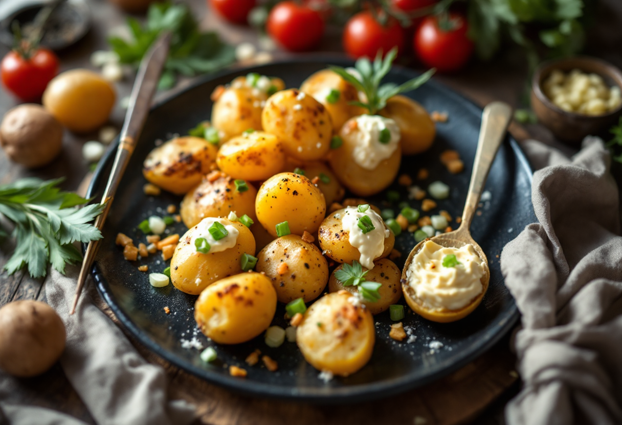 Ghirlanda di patate tiepide con crema di cipollotto e verdure
