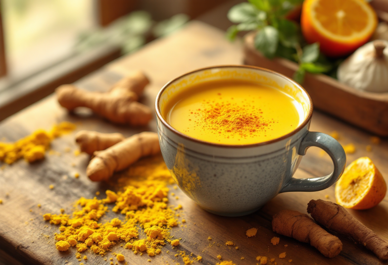 Tazza di golden milk con spezie e curcuma