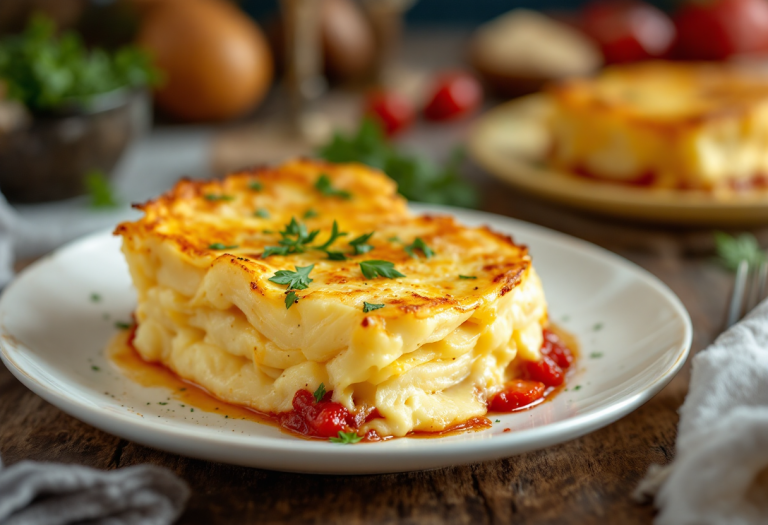 Gratin di patate dorato e cremoso in una teglia