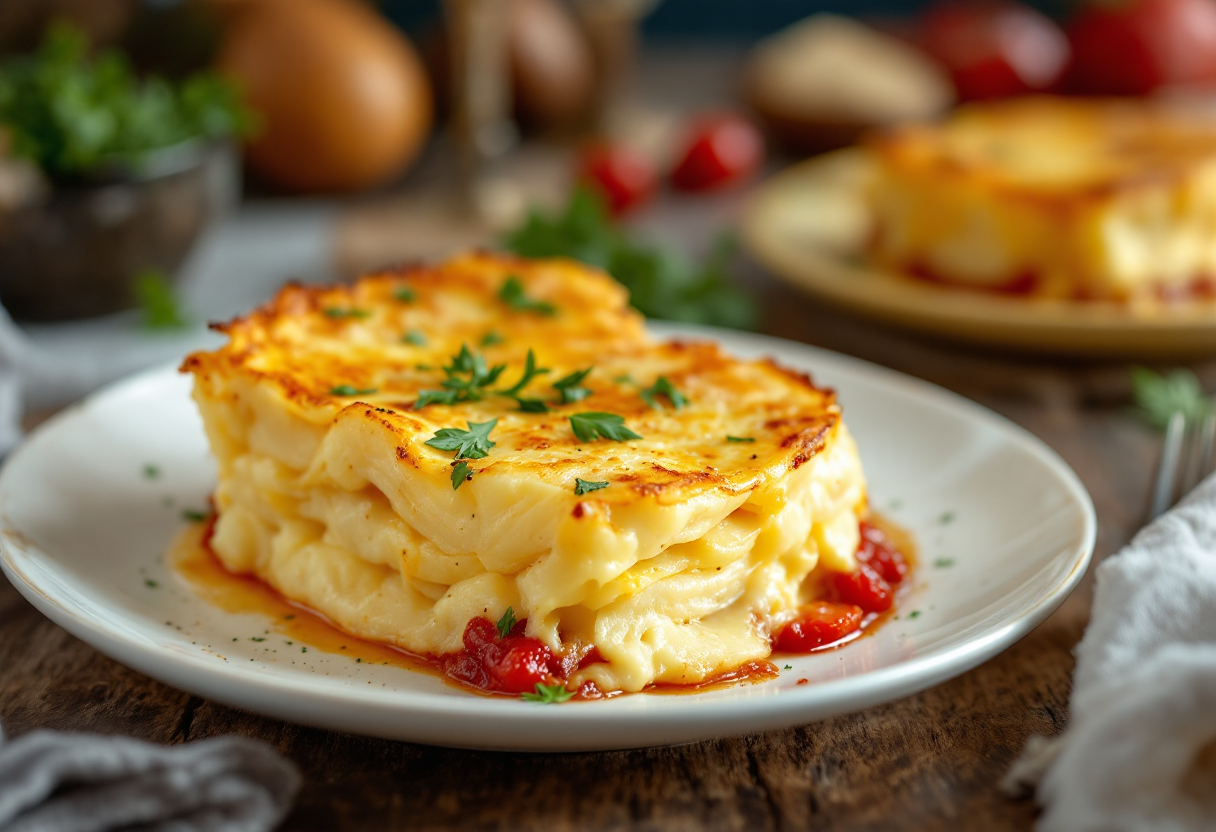 Gratin di patate dorato e cremoso in una teglia