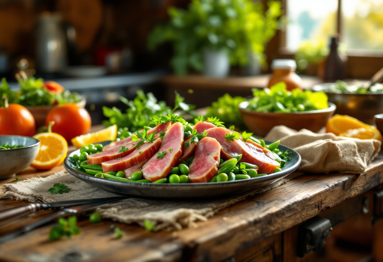 Insalata primaverile con coniglio e taccole fresche