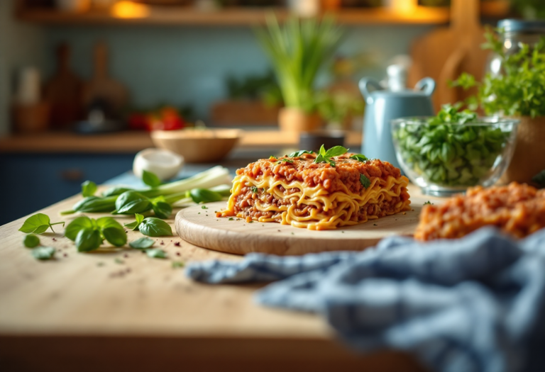 Lasagne primaverili con ragù di salsiccia e crema di cipollotti