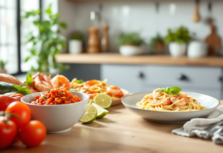 Piatto di linguine con ’nduja, gamberi e stracciatella
