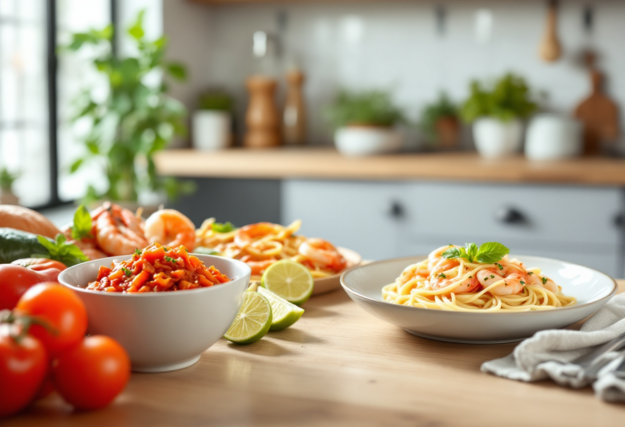 Piatto di linguine con ’nduja, gamberi e stracciatella