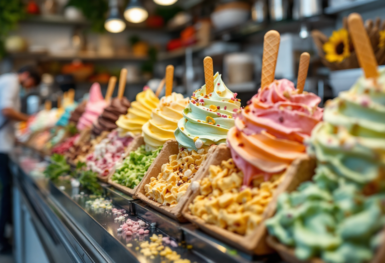 Artigiani del gelato italiano al lavoro in laboratorio