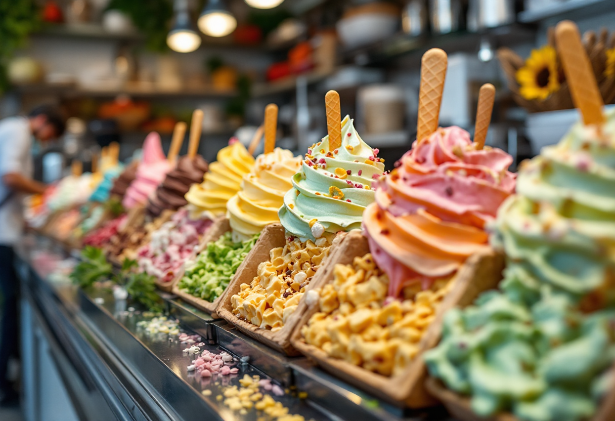 Artigiani del gelato italiano al lavoro in laboratorio