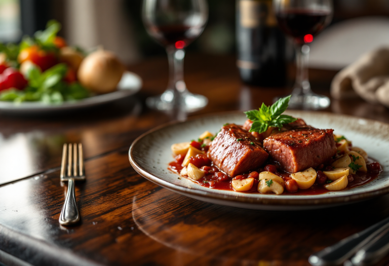Magatello di manzo cucinato con vino rosso elegante