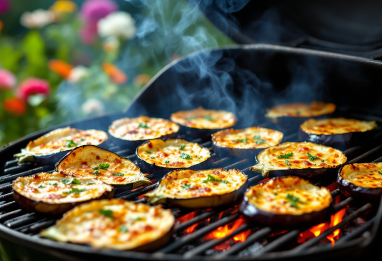 Mezzelune al barbecue servite con parmigiana di melanzane