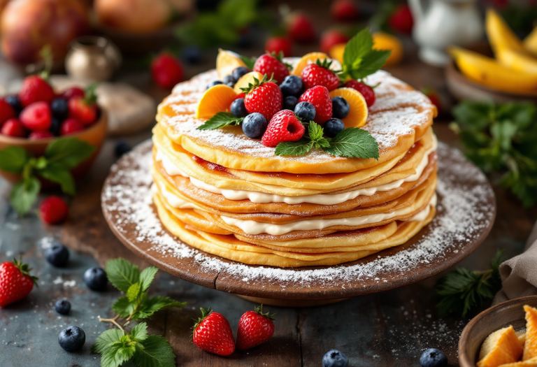 Millefoglie Arlecchino con strati colorati e crema