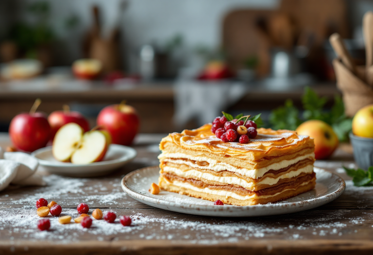 Millefoglie di mele con strati di pasta sfoglia e mele