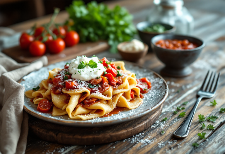 Millefoglie di pane guttiau con ragù di verdure e ricotta