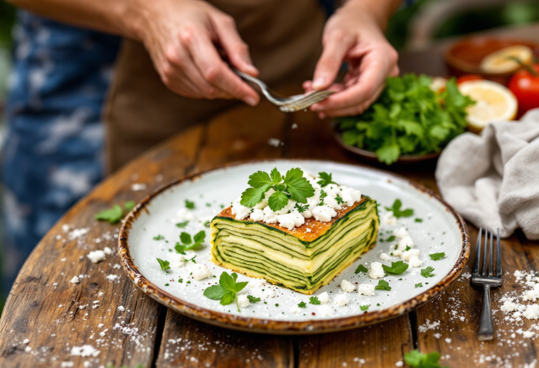 Millefoglie di zucchine con pesto di crescione e ricotta mustia