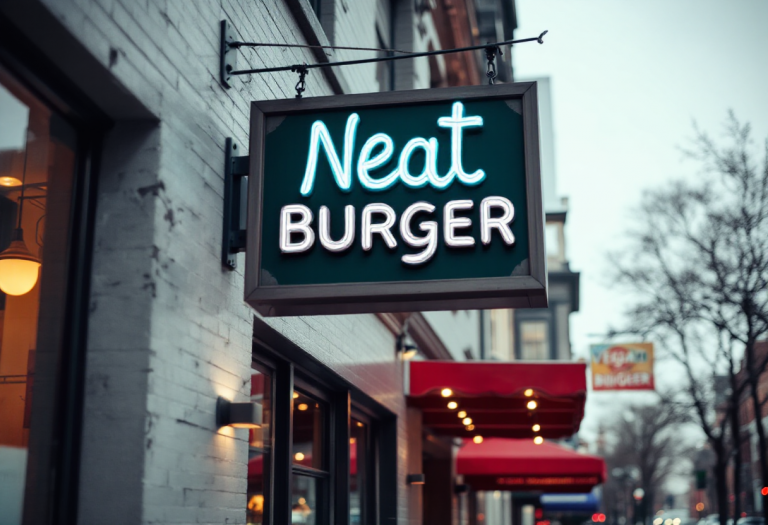 Logo di Neat Burger con sfondo di hamburger vegani