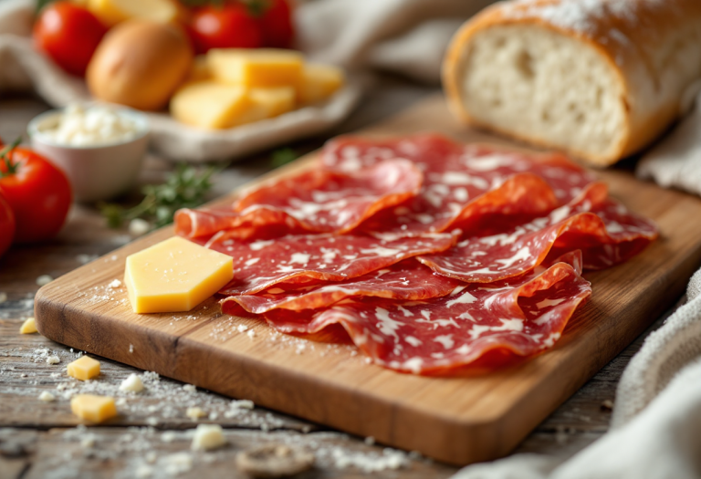 Antipasto di pane al formaggio con salame affettato