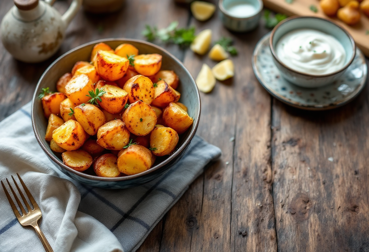 Patate arrosto servite con crema di yogurt e paprica