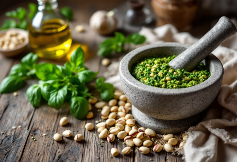 Pesto di pistacchi fresco in un piatto tipico siciliano