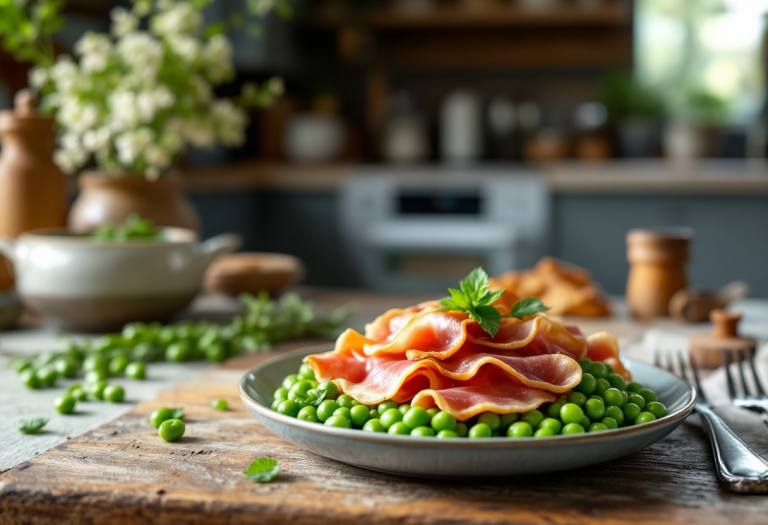 Piatto di piselli freschi con guanciale croccante