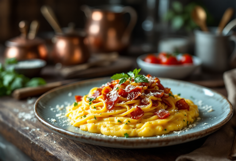 Piatto di polenta alla carbonara con guanciale e pecorino