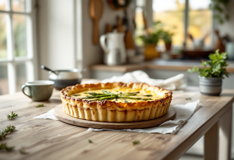 Quiche agli asparagi appena sfornata su un tavolo