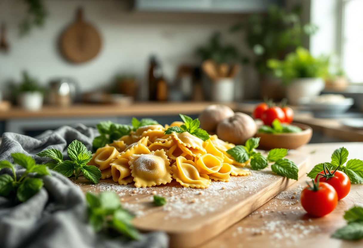 Ravioli integrali ripieni di caprino, menta e pomodorini